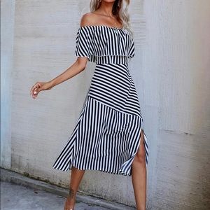Striped Off the Shoulder Summer Dress (with slit)